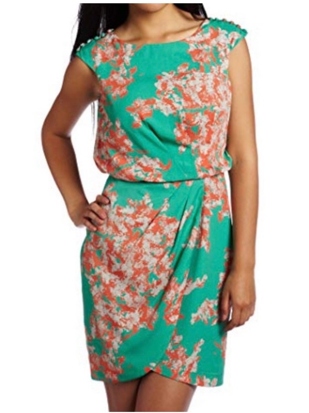 Jessica Simpson Floral Sleeveless Green & Coral Shift Dress
